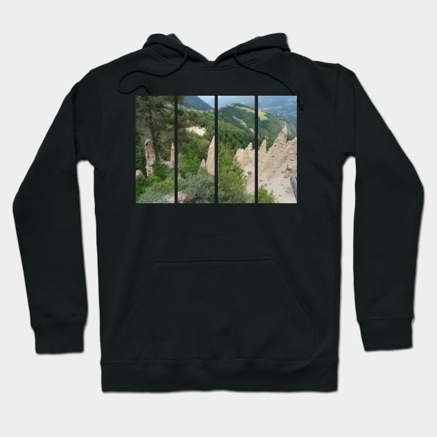 The incredible earth pyramids of Collepietra (Piramidi di Terra) in the Dolomites. Striking place. Italian Alps. Sunny spring day with no people. Valley in the background. Trentino Alto Adige. Hoodie by fabbroni-art